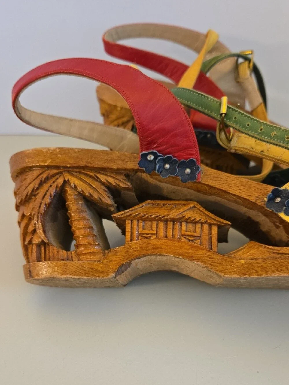 Vintage Hand Carved Wooden Wedge Sandals, Yellow Red Green Leather Straps Sz 7